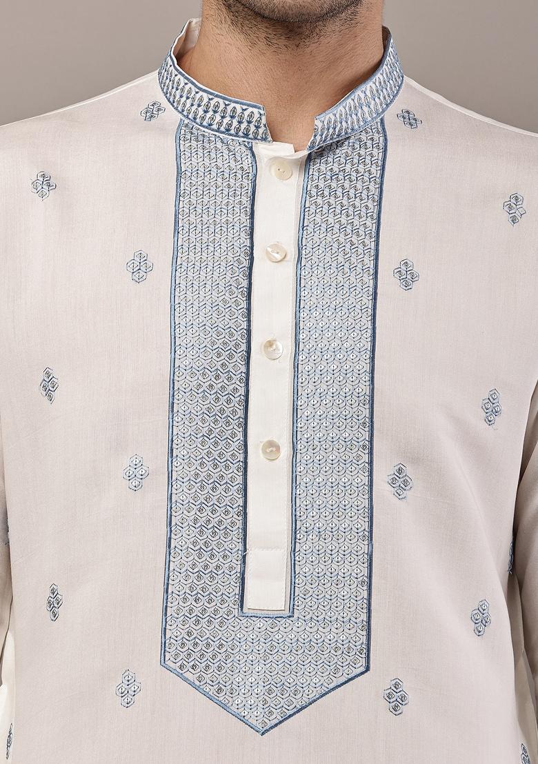 Off White Embroidered Viscose Kurta For Men - Indya