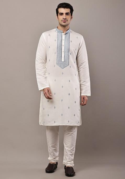 Off White Embroidered Viscose Kurta For Men