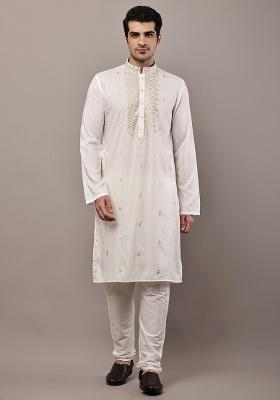 Beige Embroidered Viscose Kurta For Men