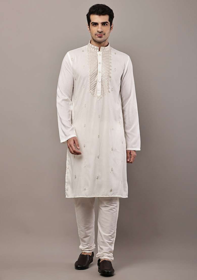 Beige Embroidered Viscose Kurta For Men - Indya