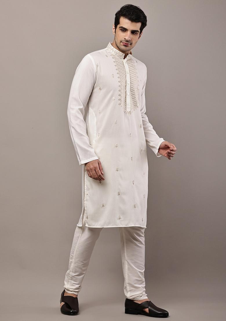 Beige Embroidered Viscose Kurta For Men - Indya