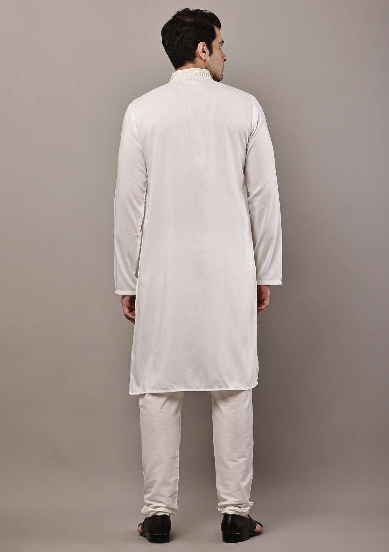 Beige Embroidered Viscose Kurta For Men - Indya
