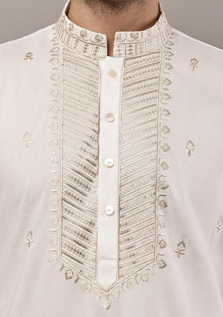 Beige Embroidered Viscose Kurta For Men - Indya