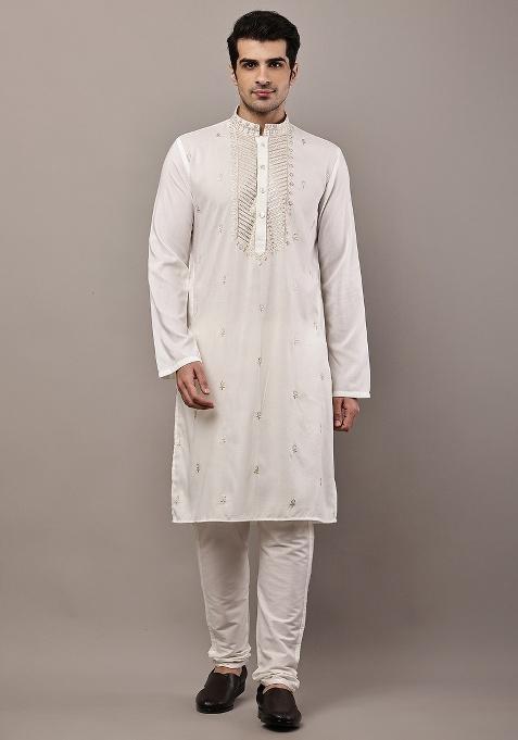 Beige Embroidered Viscose Kurta For Men