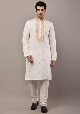 Ivory Embroidered Viscose Kurta For Men