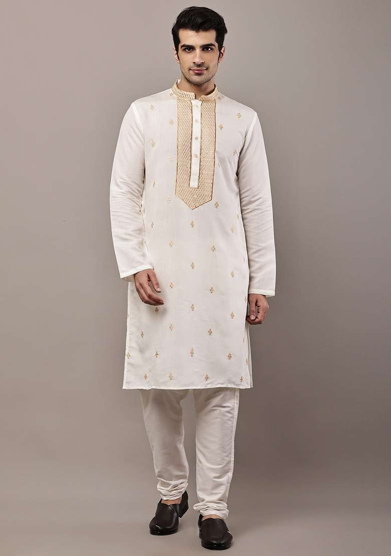 Ivory Embroidered Viscose Kurta For Men - Indya