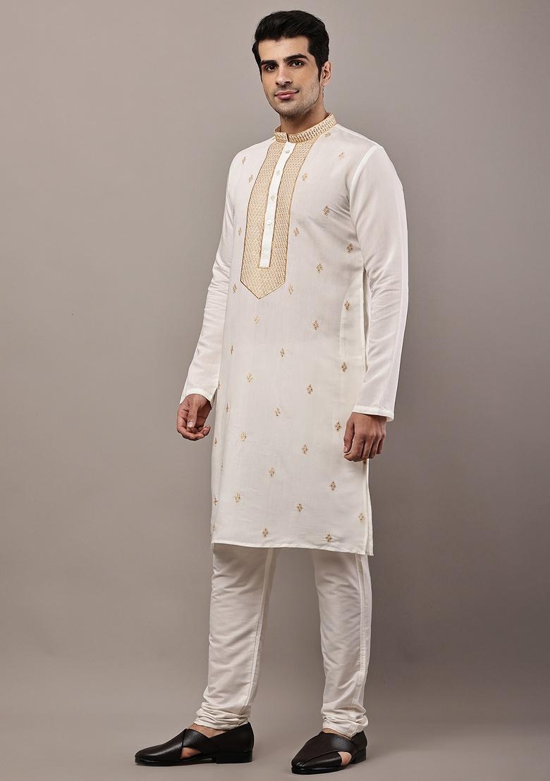 Ivory Embroidered Viscose Kurta For Men - Indya