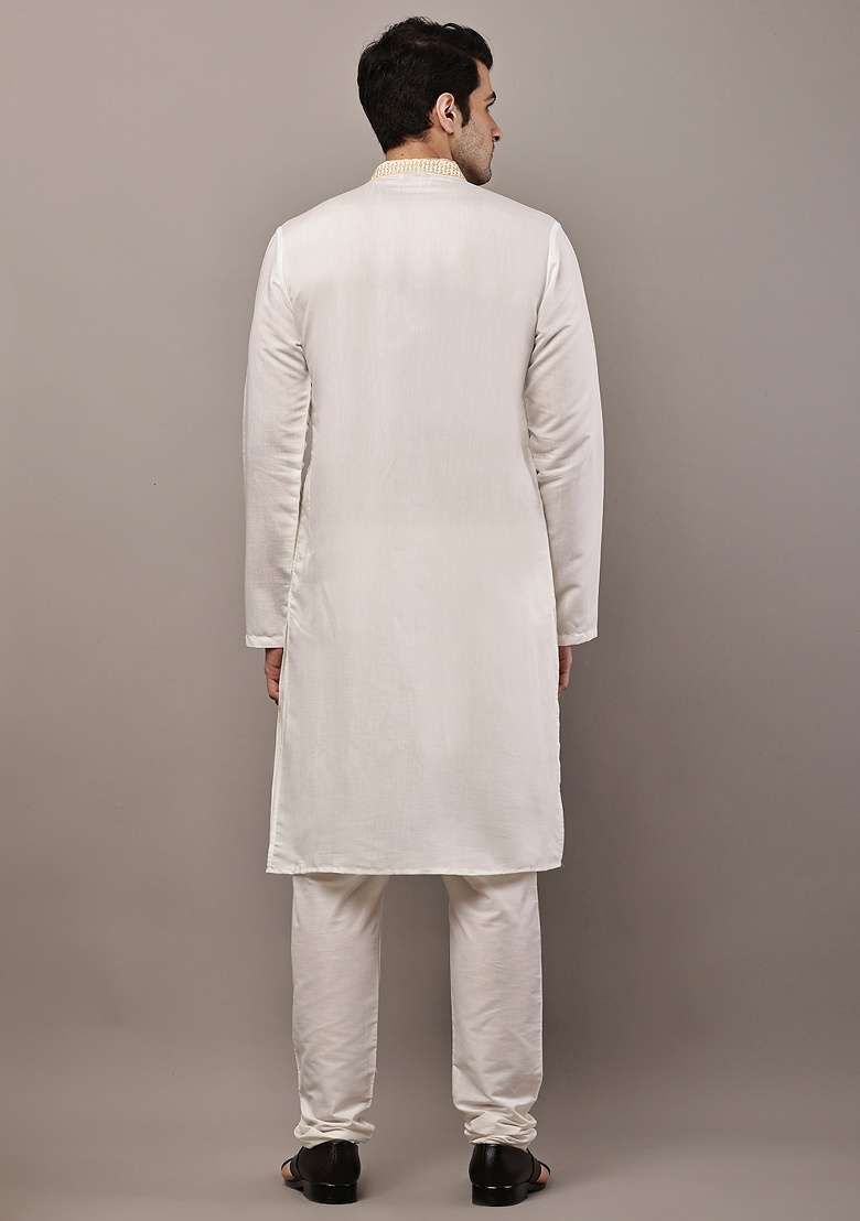 Ivory Embroidered Viscose Kurta For Men - Indya