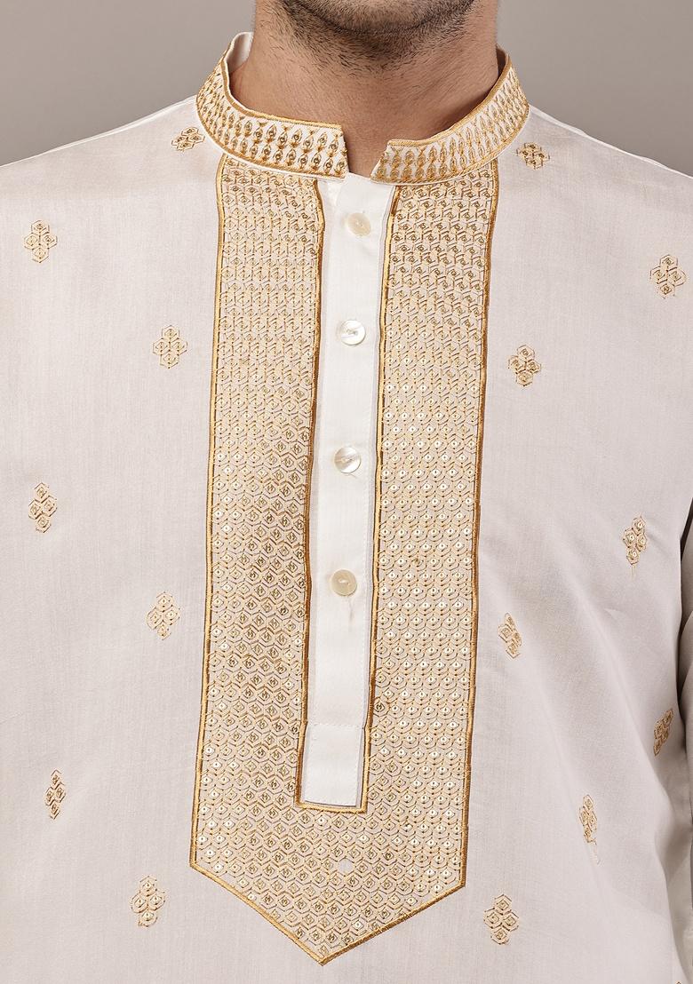 Ivory Embroidered Viscose Kurta For Men - Indya
