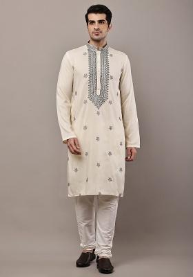 Cloud White Embroidered Viscose Kurta For Men