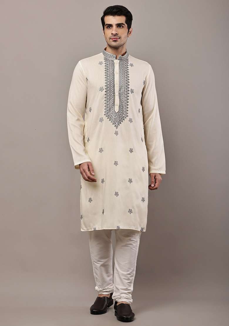 Cloud White Embroidered Viscose Kurta For Men - Indya