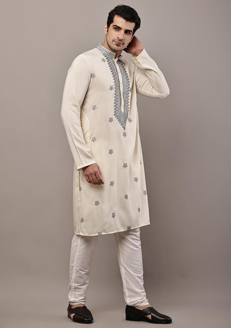 Cloud White Embroidered Viscose Kurta For Men - Indya