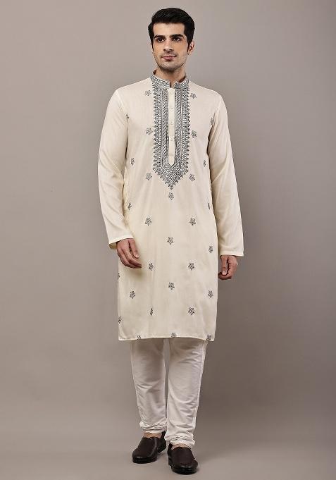 Cloud White Embroidered Viscose Kurta For Men
