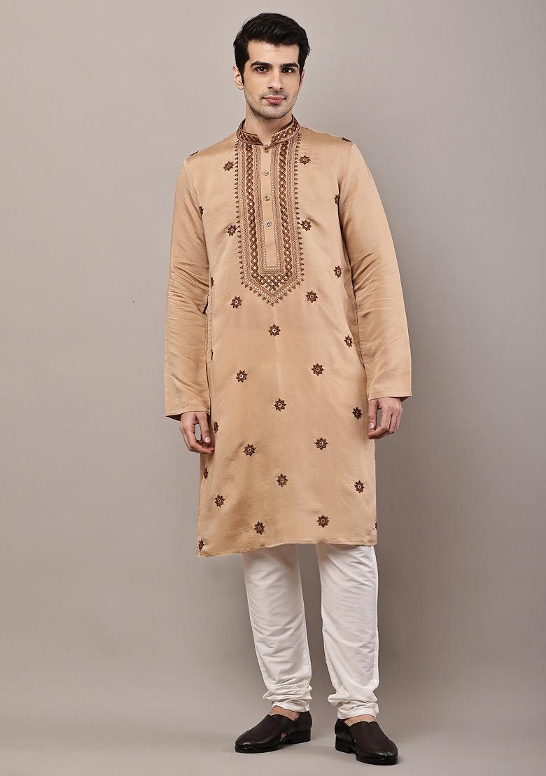 Brown Embroidered Viscose Kurta For Men - Indya