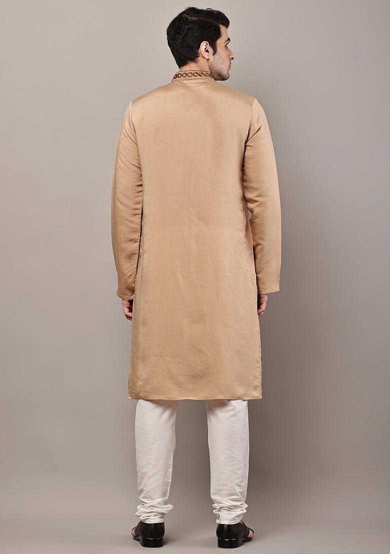 Brown Embroidered Viscose Kurta For Men - Indya