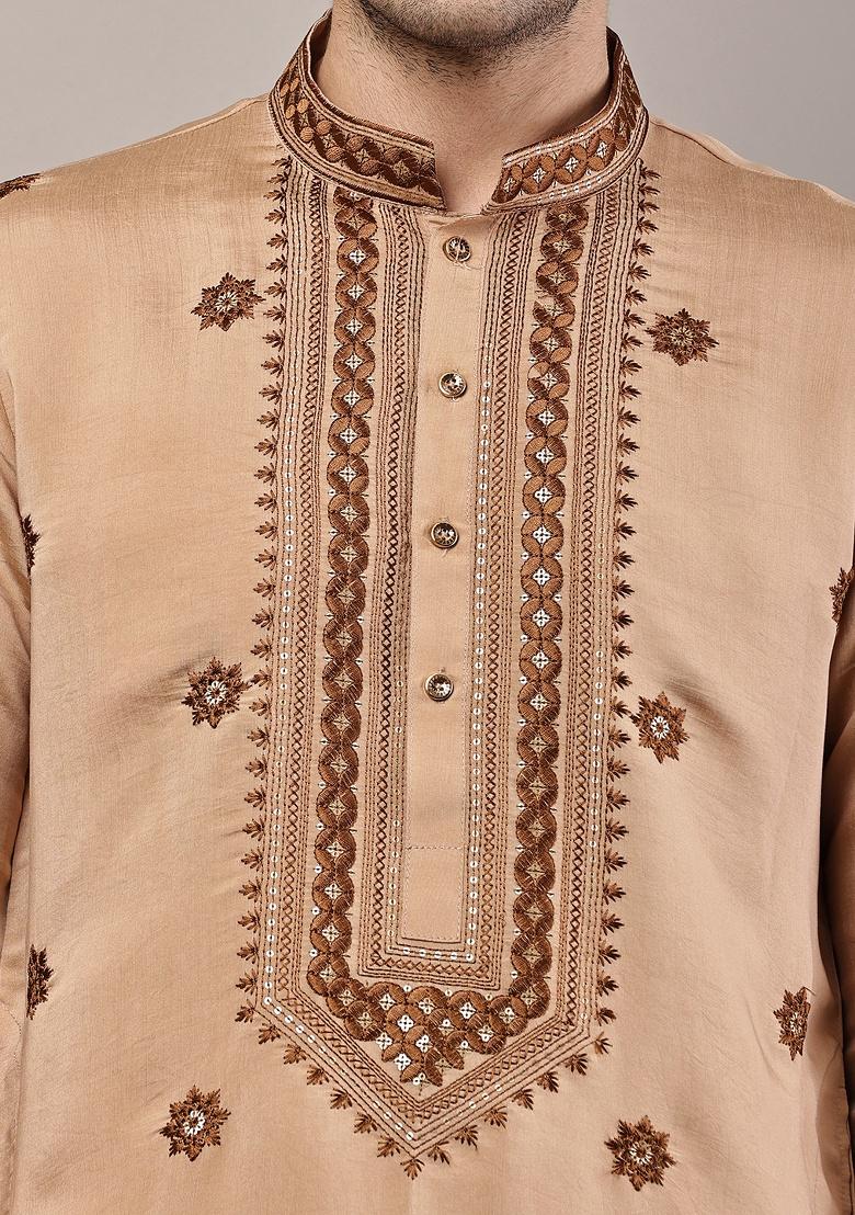 Brown Embroidered Viscose Kurta For Men - Indya