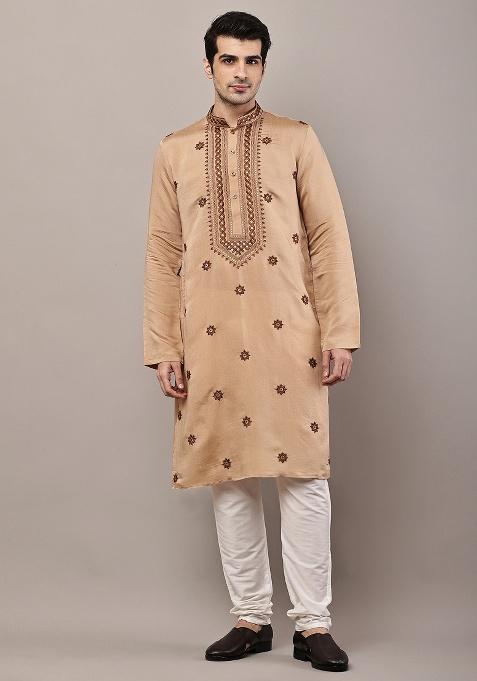 Brown Embroidered Viscose Kurta For Men