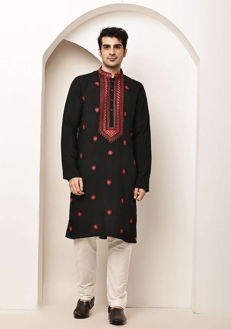 Black Embroidered Viscose Kurta For Men - Indya