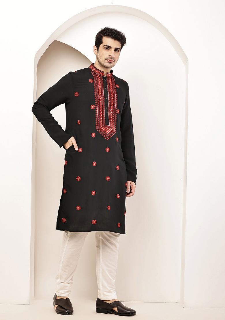 Black Embroidered Viscose Kurta For Men - Indya