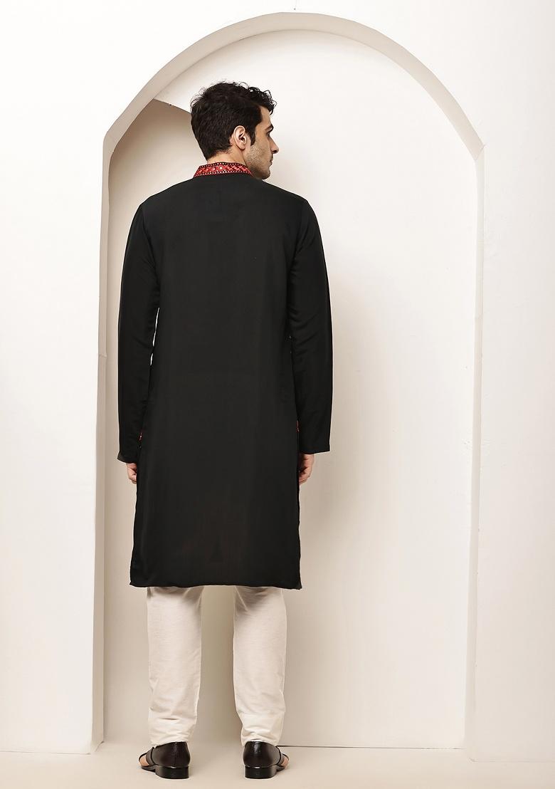 Black Embroidered Viscose Kurta For Men - Indya