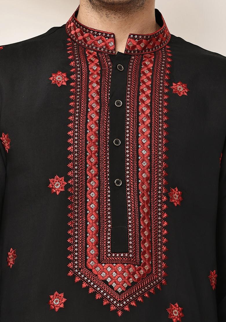 Black Embroidered Viscose Kurta For Men - Indya