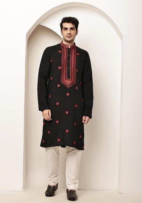 Black Embroidered Viscose Kurta For Men