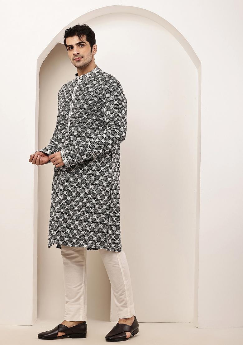 Black And White Solid Viscose Kurta For Men - Indya