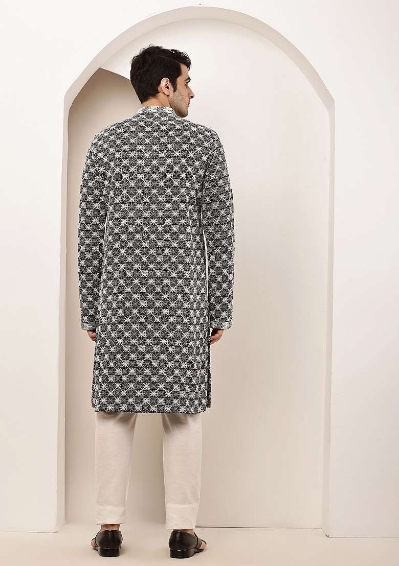 Black And White Solid Viscose Kurta For Men - Indya