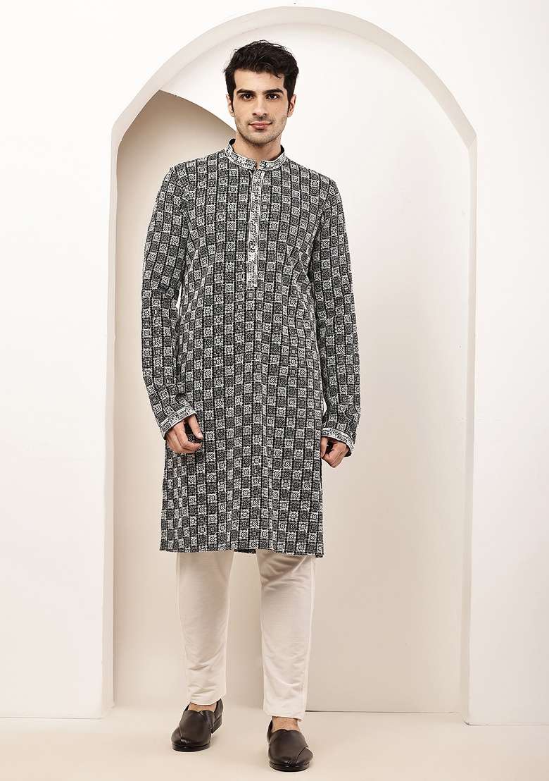 Grey Solid Viscose Kurta For Men - Indya