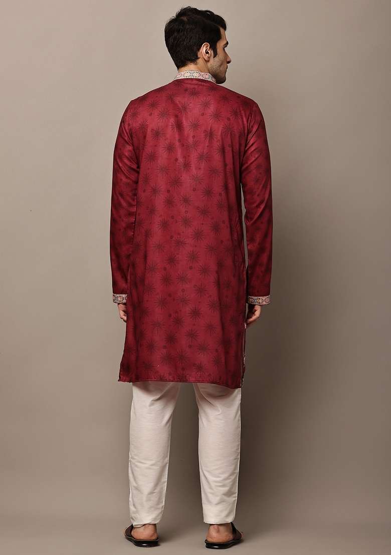 Red Embroidered Viscose Kurta For Men - Indya