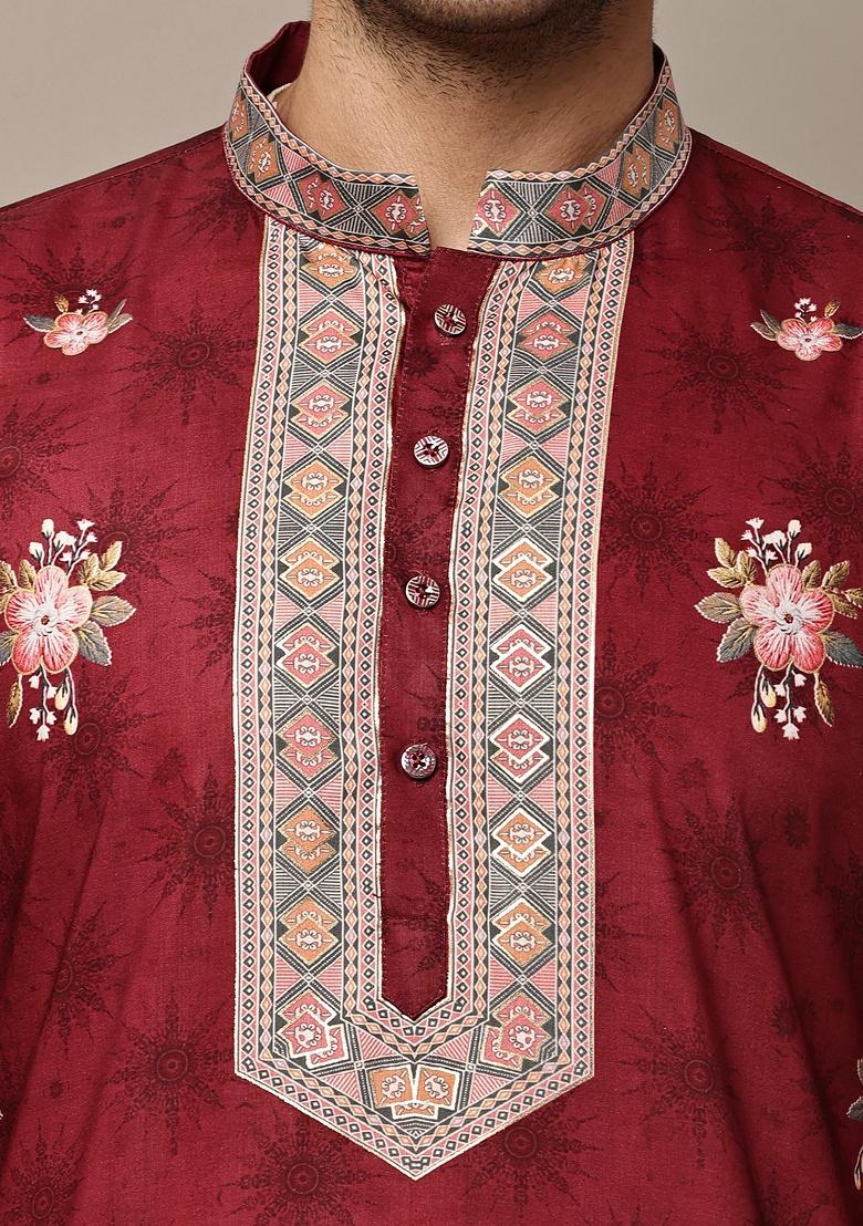 Red Embroidered Viscose Kurta For Men - Indya