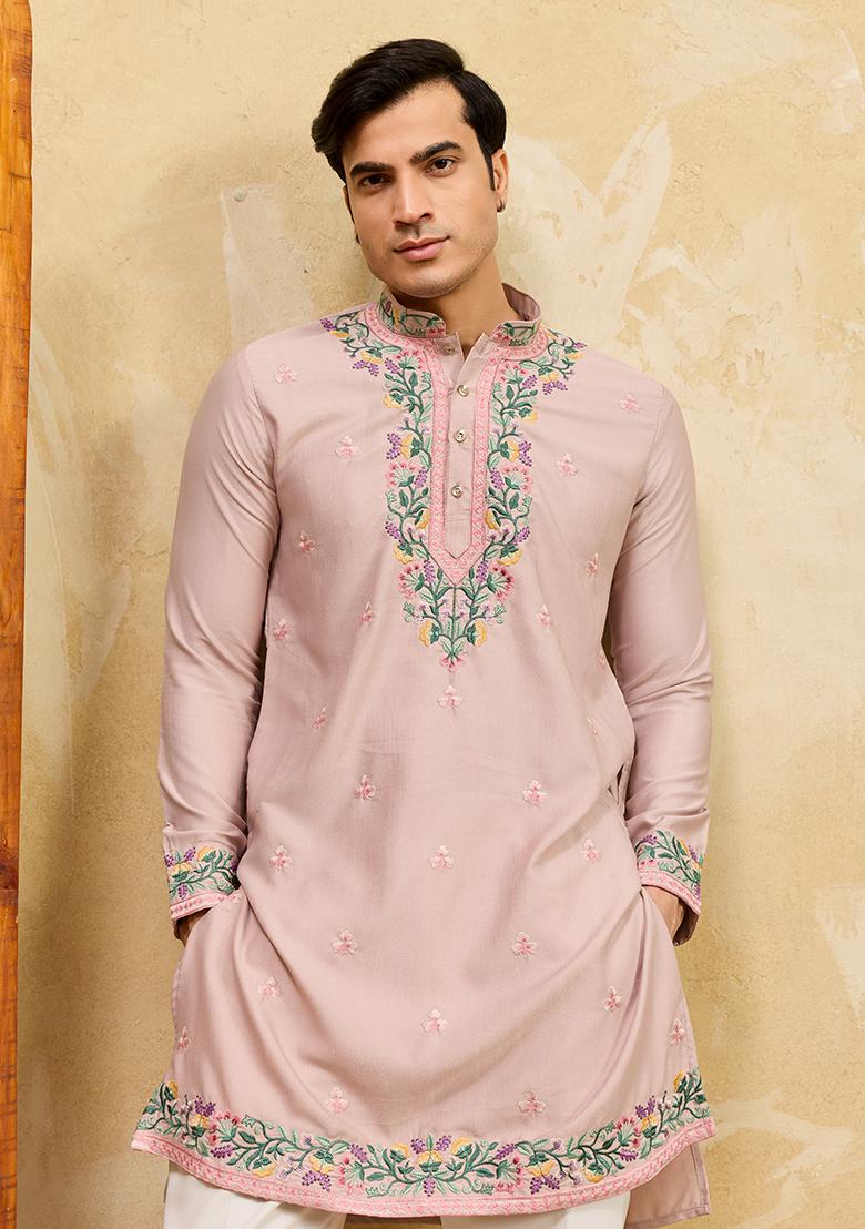 Dusty Beige Embroidery Silk Kurta Set For Men - Indya