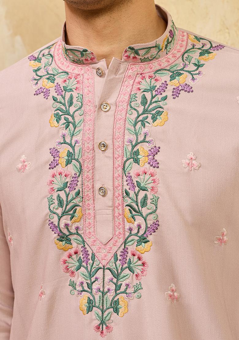 Dusty Beige Embroidery Silk Kurta Set For Men - Indya