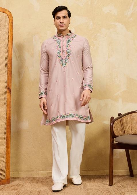 Dusty Beige Embroidery Silk Kurta Set For Men