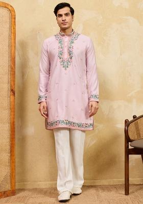 Pink Embroidery Silk Kurta Set For Men
