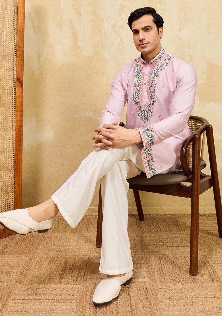 Pink Embroidery Silk Kurta Set For Men - Indya