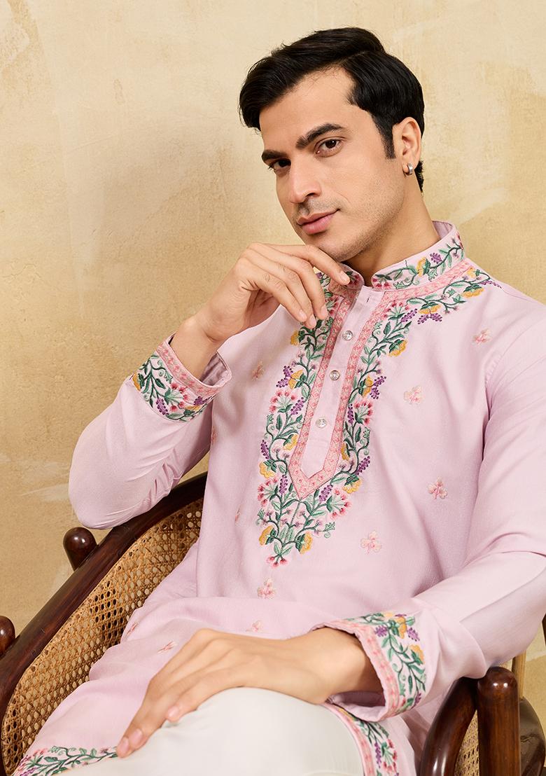 Pink Embroidery Silk Kurta Set For Men - Indya