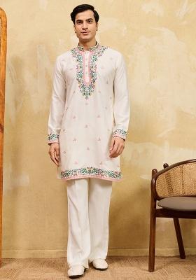 White Embroidery Silk Kurta Set For Men