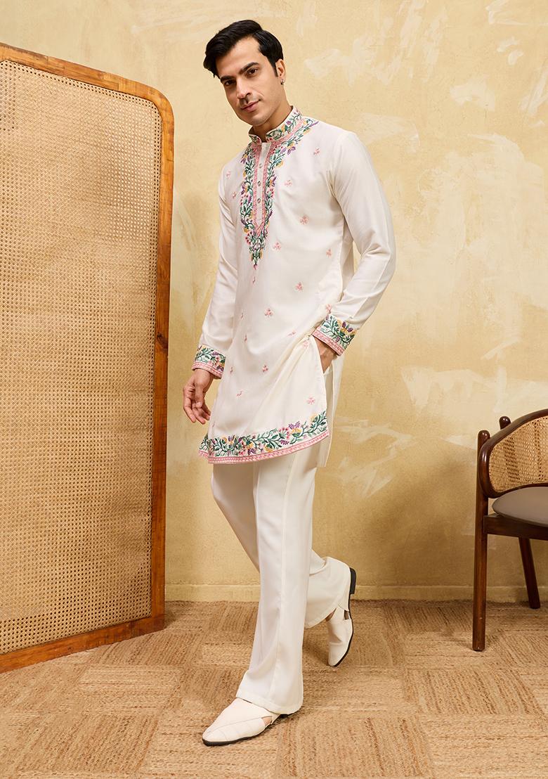 White Embroidery Silk Kurta Set For Men - Indya