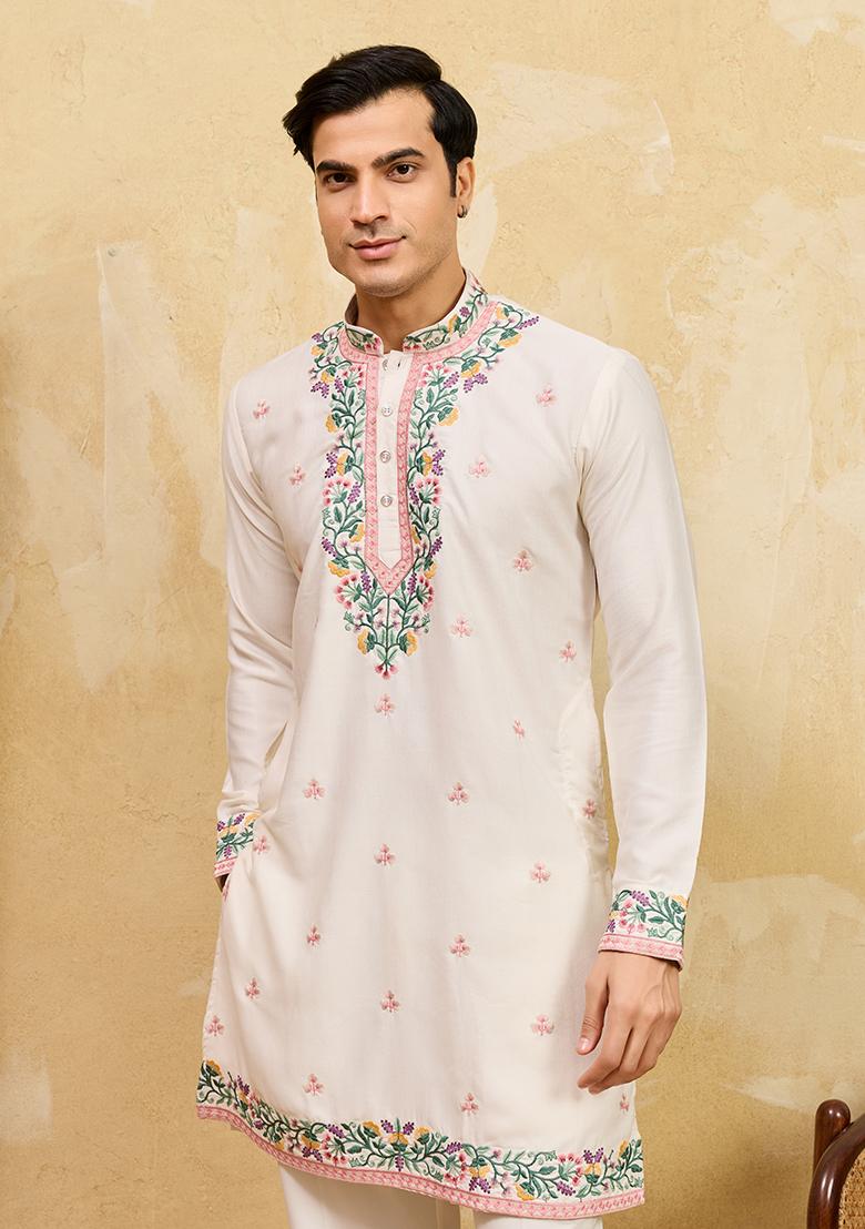 White Embroidery Silk Kurta Set For Men - Indya