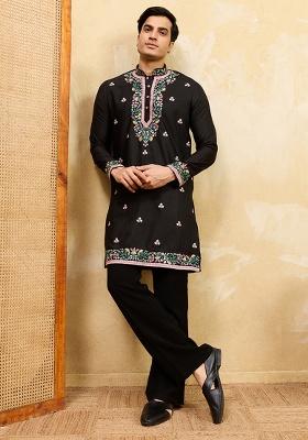 Black Embroidery Silk Kurta Set For Men