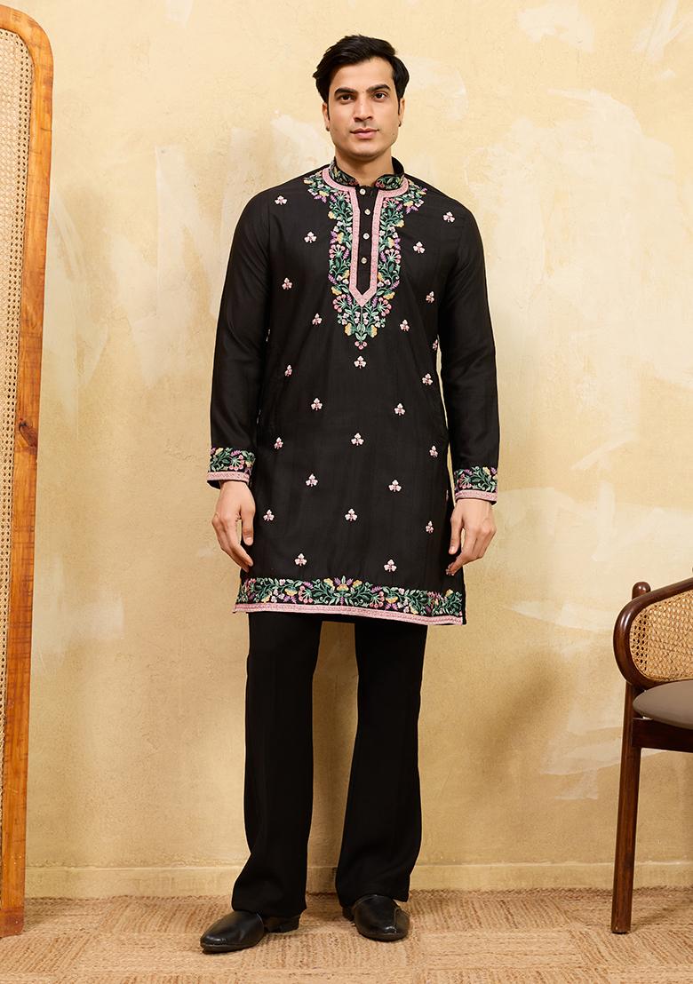 Black Embroidery Silk Kurta Set For Men - Indya
