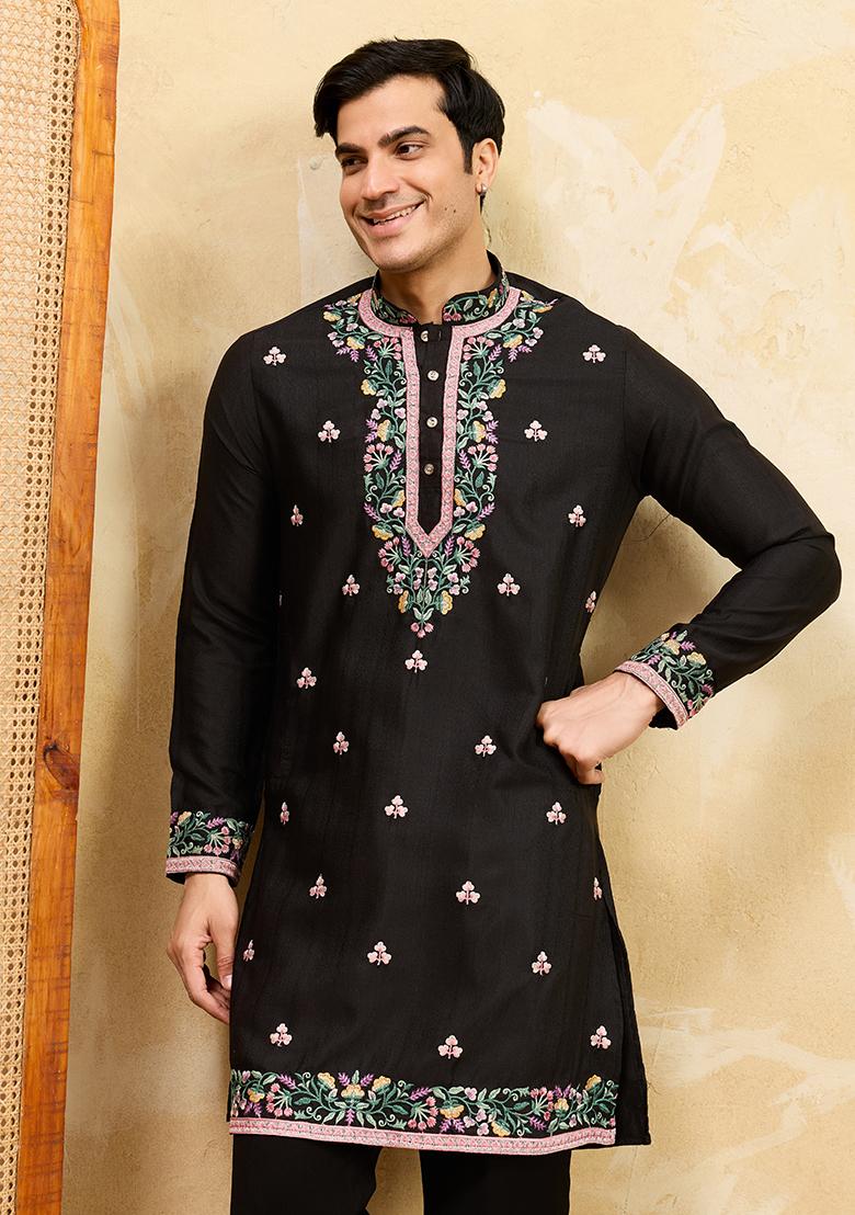 Black Embroidery Silk Kurta Set For Men - Indya