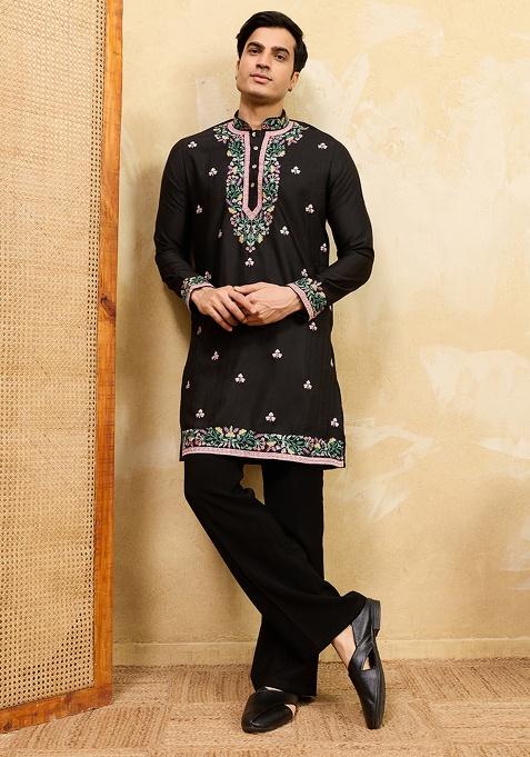 Black Embroidery Silk Kurta Set For Men