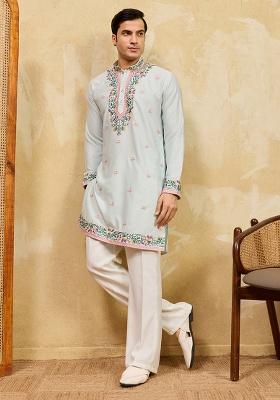 Sky Blue Embroidery Silk Kurta Set For Men