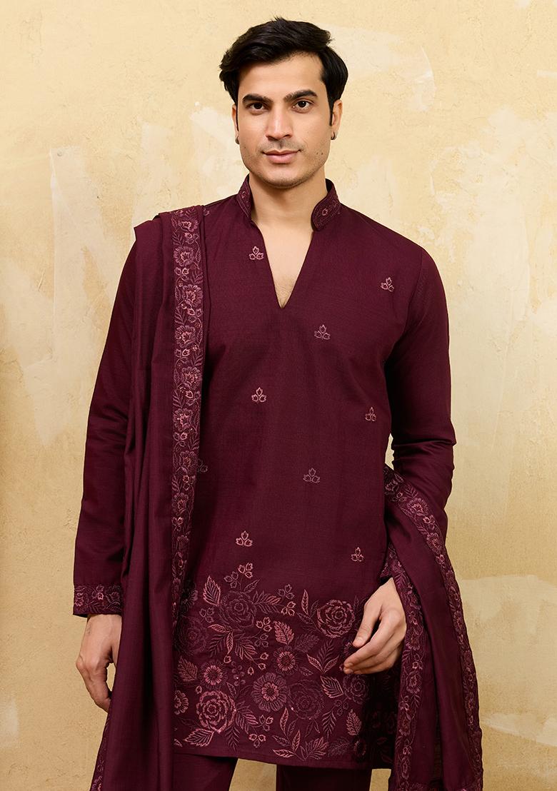 Maroon Embroidery Silk Kurta Set For Men - Indya