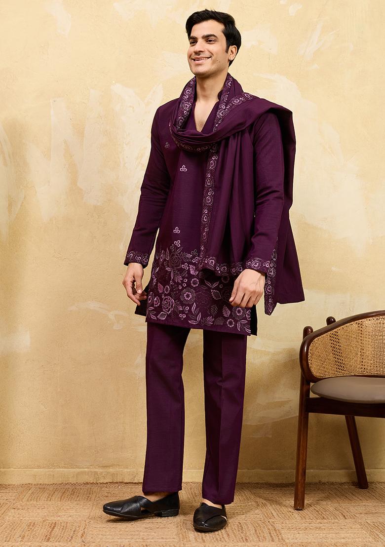 Purple Embroidery Silk Kurta Set For Men - Indya