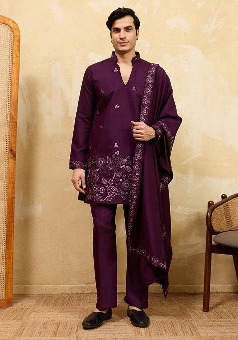 Purple Embroidery Silk Kurta Set For Men