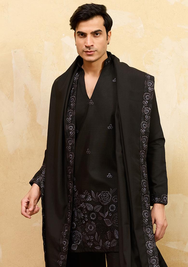 Black Embroidery Silk Kurta Set For Men - Indya