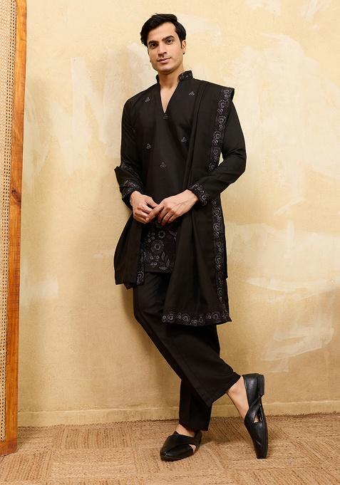 Black Embroidery Silk Kurta Set For Men